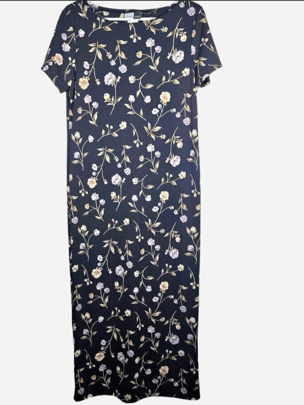 90s Grunge Cottagecore Vintage Floral Maxi Dress Black Short Sleeve Medium